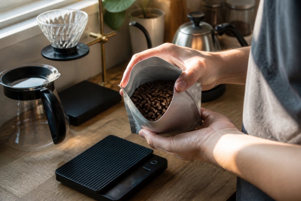 Hands holding fresh coffee beans near a digital scale and pour-over setup in morning light