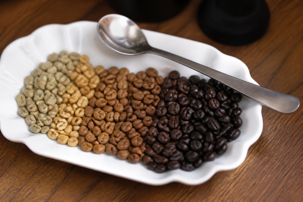 Close-up of fresh coffee beans in various roast stages from light cinnamon brown to dark chocolate black, arranged on a white ceramic cupping plate with a professional cupping spoon beside them