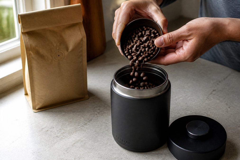 Hands carefully transferring freshly roasted coffee beans into a vacuum-sealed Fellow Atmos canister, with an open kraft bag showing the roast date stamp visible in the background, and a kitchen counter with natural window light