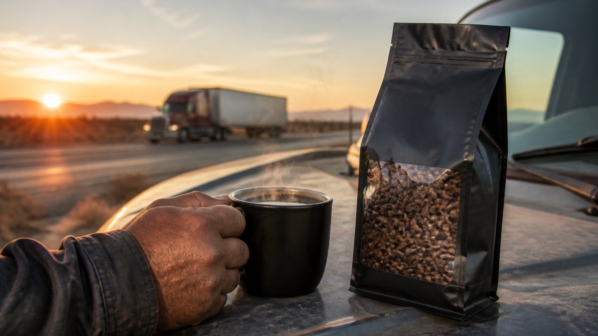 A weathered hand holding a steaming mug of black coffee next to a bag of whole beans on the hood of a pickup truck at sunrise, highway visible in the background
