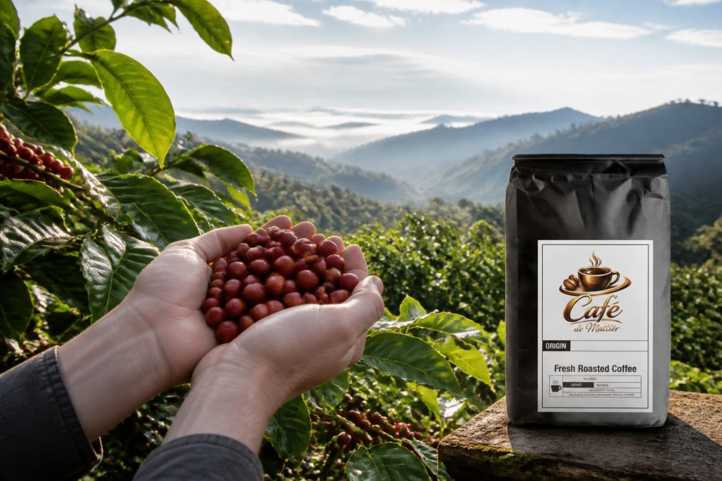 Hands holding freshly harvested coffee cherries on a tree branch, mountainous coffee plantation landscape in soft morning light, showing the origin and care of specialty beans