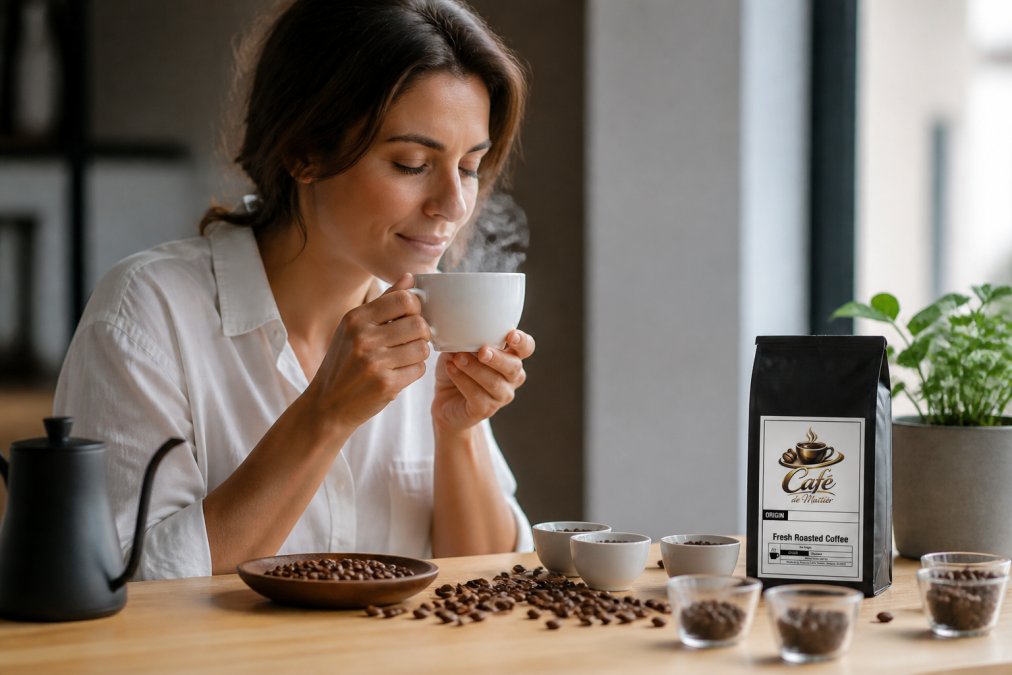Person holding a white coffee cup with steam rising, eyes closed while smelling the aroma, with coffee beans scattered on a minimalist surface nearby