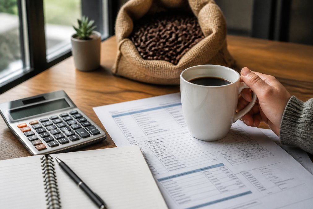 A person's hand holding a freshly brewed cup of coffee next to an open burlap sack of roasted beans on a wooden counter, soft natural light from a nearby window