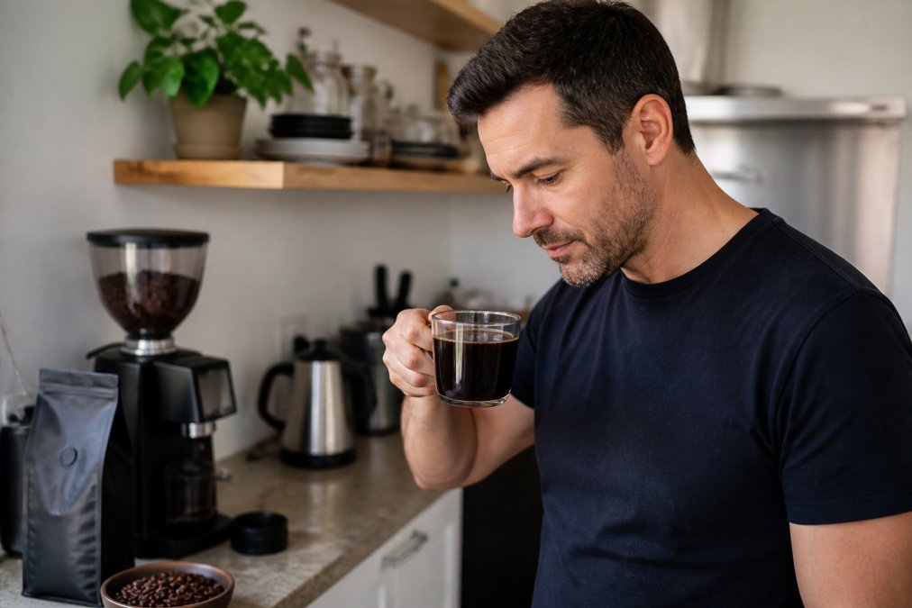 A hand holding a freshly brewed mug of black coffee in a bright kitchen, with a burr grinder and a bag of whole beans visible in the soft-focus background