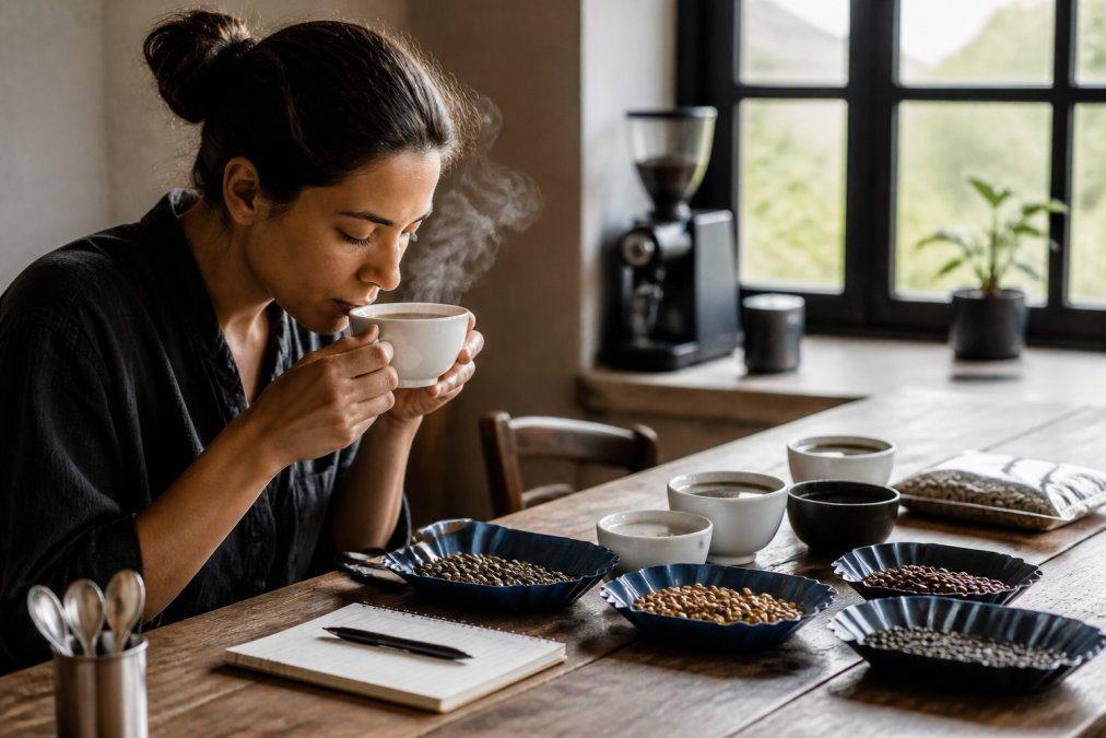 Person holding a white ceramic cup of freshly brewed coffee near their face, focusing on the aroma with steam rising, natural morning light from a window illuminating the scene