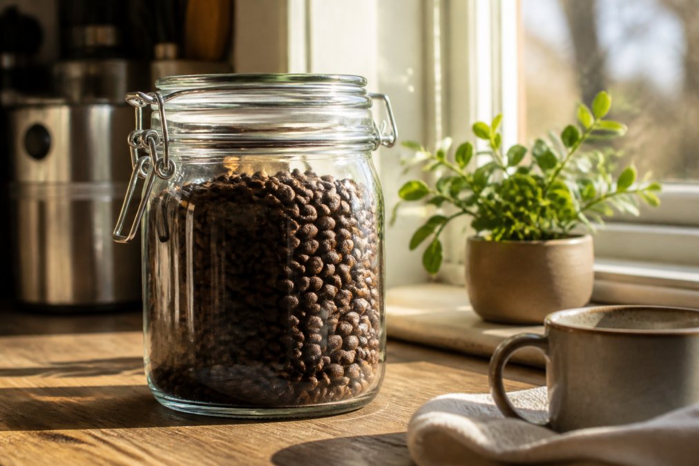 Premium whole coffee beans stored in an airtight glass container with a visible roast date label on the counter, next to a kitchen window with natural morning light streaming in