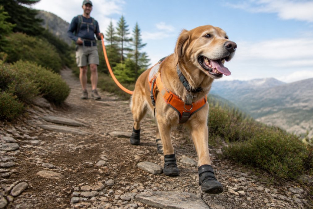 An active dog on a hiking trail wearing premium safety gear, leash, and protective booties, with a handler visible in the background on a mountain path during daylight