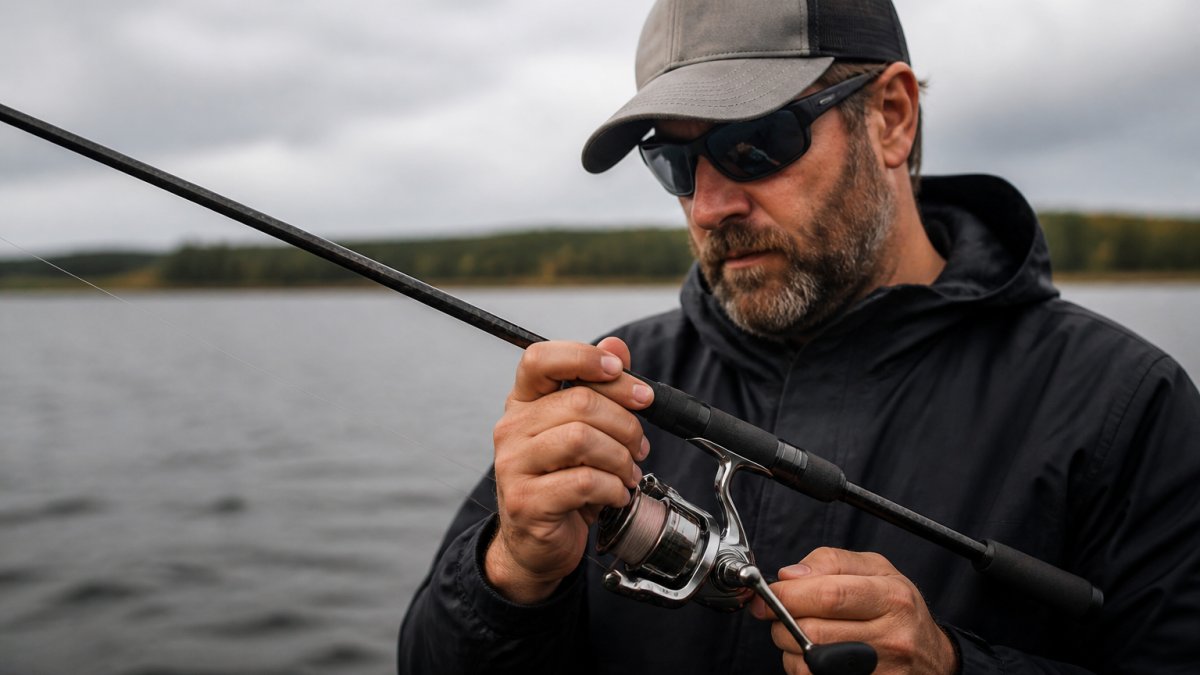 Professional angler closely inspecting the balance and construction of a premium fishing rod and reel over water.