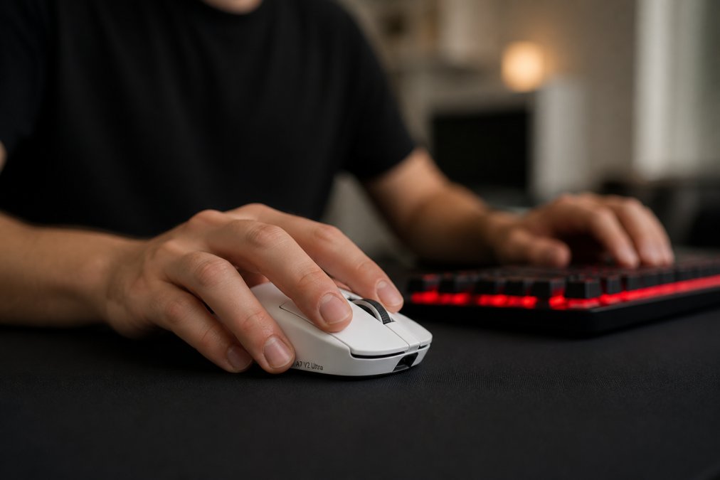 Close-up of hands on a gaming mouse and keyboard during an intense gaming session, showing focus and control in action