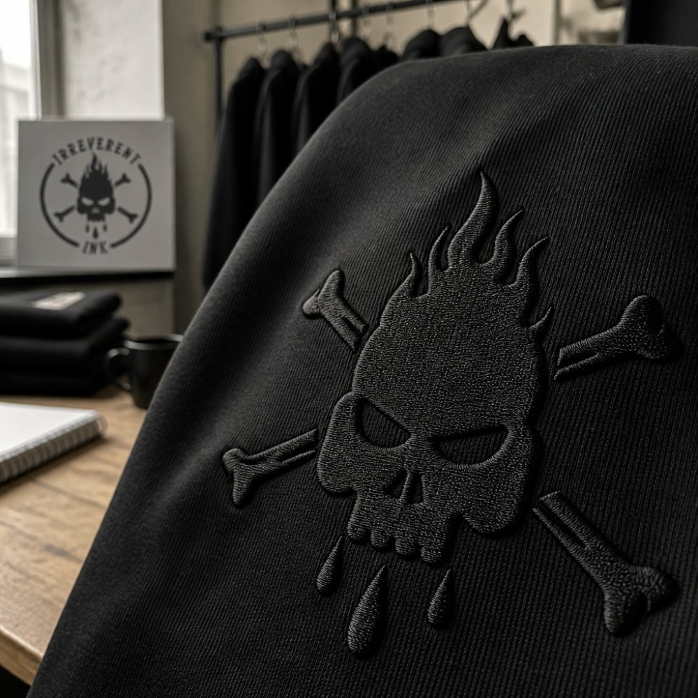 Close-up of crisp, evenly-spaced embroidered stitching on black thread against a cotton hoodie fabric, showing clean edges and consistent tension