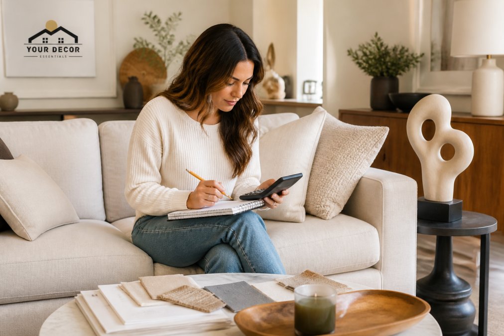 A homeowner sitting on a linen sofa with a calculator and notepad, comparing furniture costs in a bright living room, an abstract sculpture on the side table beside her