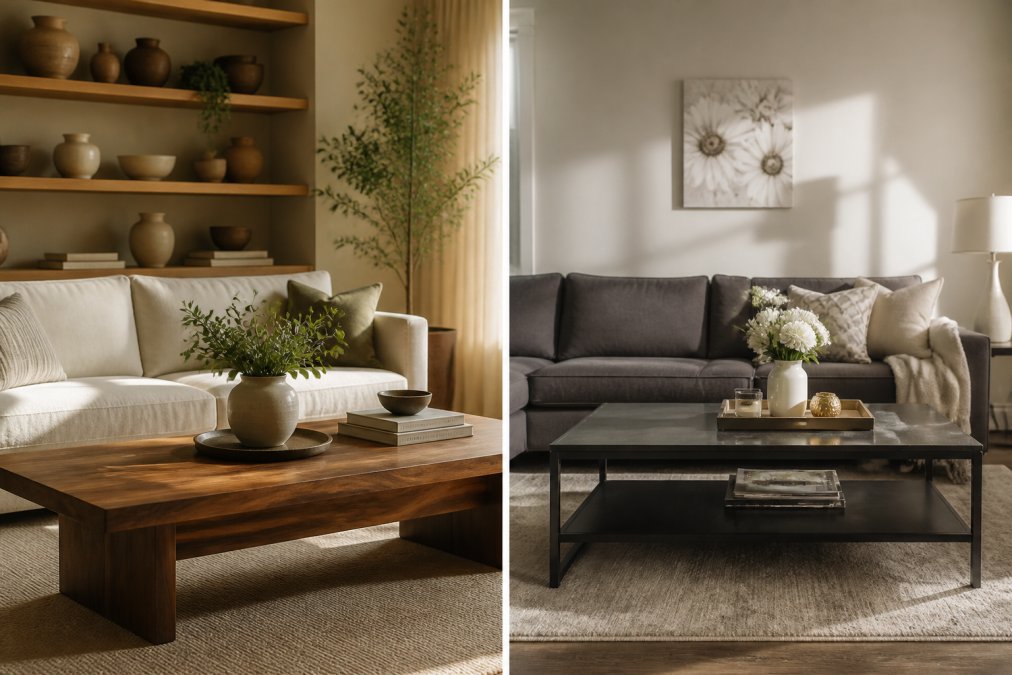 A beautifully styled living room featuring a solid wood coffee table, a quality upholstered sofa in neutral linen tones, and curated ceramic accessories arranged on open oak shelving, bathed in warm afternoon light streaming through linen curtains