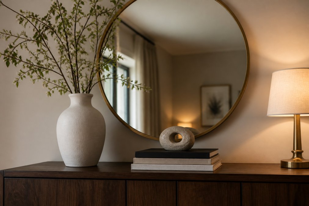 A well-composed vignette on a dark wood sideboard featuring a large round mirror with a thin brass frame, a tall ceramic vase in matte white, three stacked art books, and a small sculptural stone object, arranged asymmetrically under warm directional lighting