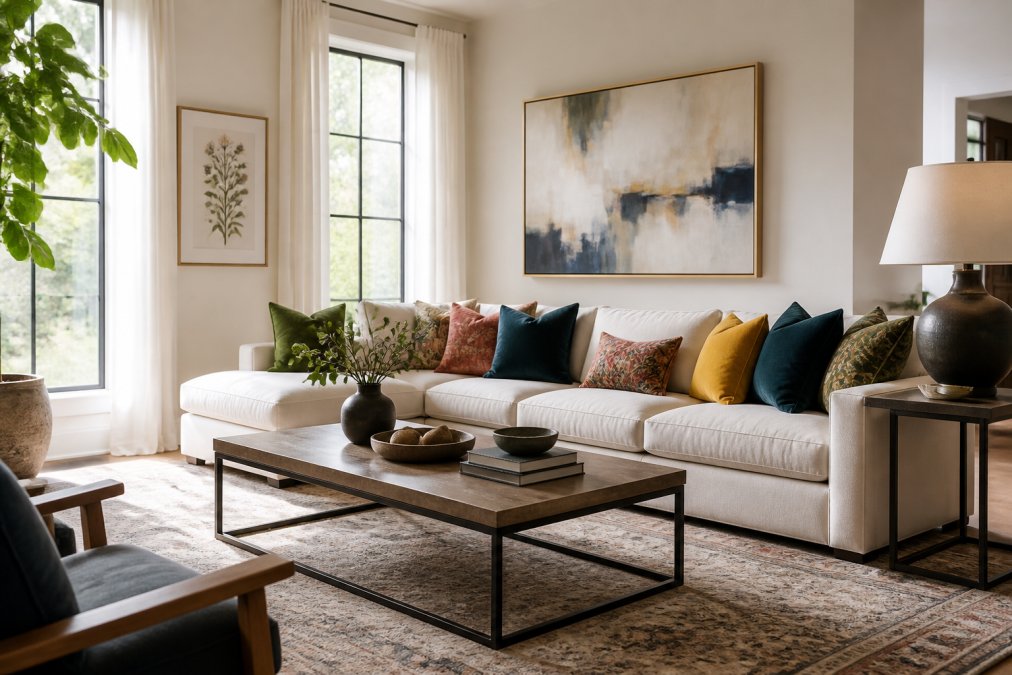 Thoughtfully curated living room featuring quality accent pillows in vibrant colors, a well-chosen area rug, and carefully selected decor pieces arranged intentionally against neutral walls with natural light streaming through windows