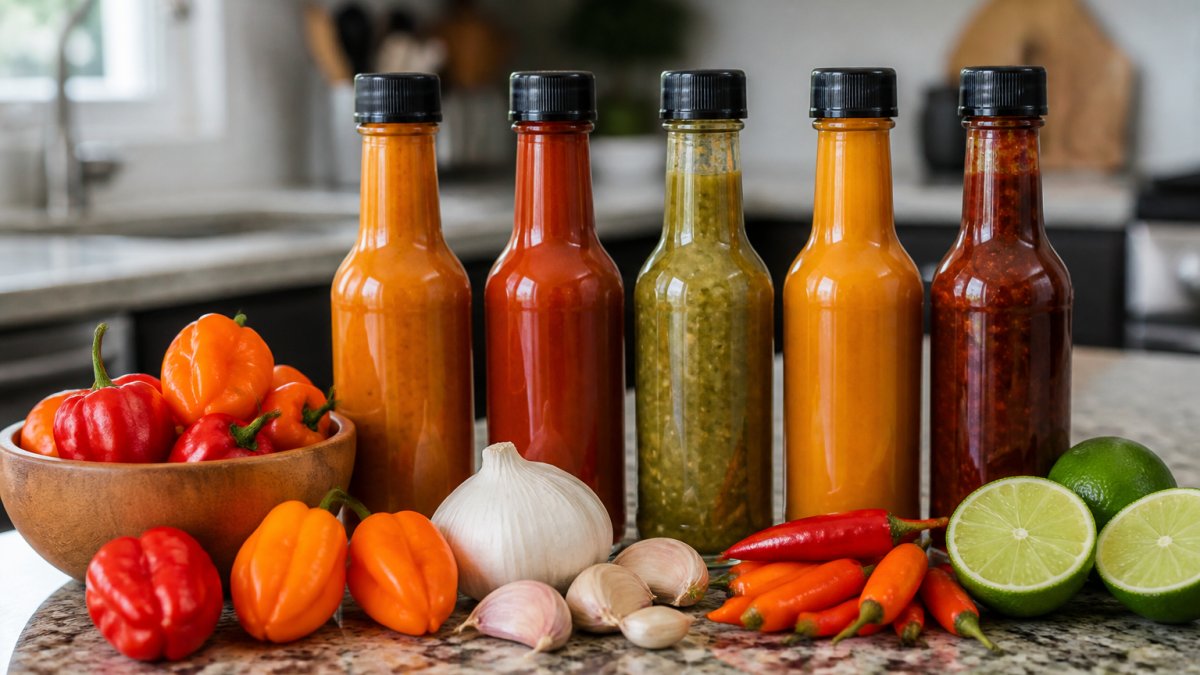 Close-up of hot sauce bottles displayed on a kitchen counter with fresh habaneros, datil peppers, garlic, and lime halves nearby, showing ingredient quality and artisanal presentation