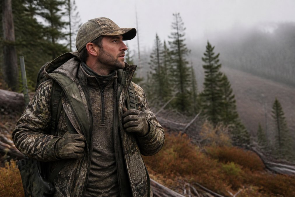 Hunter in field wearing layered technical apparel demonstrating proper base layer, mid-layer, and outer shell setup in realistic hunting environment with early morning mist and natural forest lighting