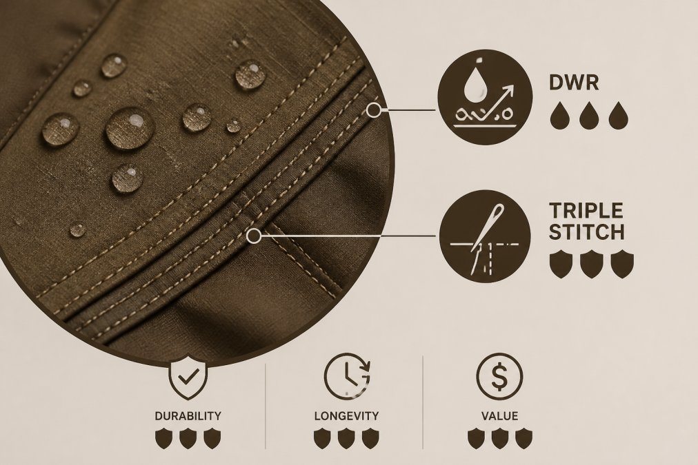 Close-up of high-quality seam construction and durable water repellent fabric on premium hunting clothing showing detailed stitching and material texture in natural lighting