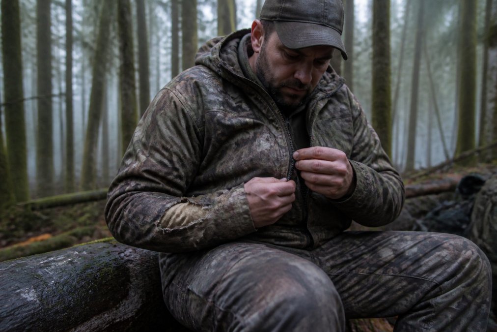 A hunter in camo sitting on a log in a misty forest, examining a broken zipper on a cheap jacket, with a torn seam visible on the sleeve. The scene should feel damp and cold, showing the moment gear fails in the field.