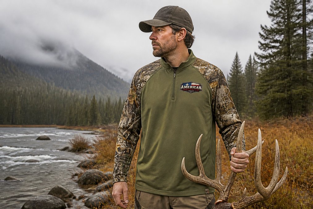 Hunter in premium moisture-wicking and waterproof gear standing confidently in challenging weather conditions, wearing layered technical fabrics