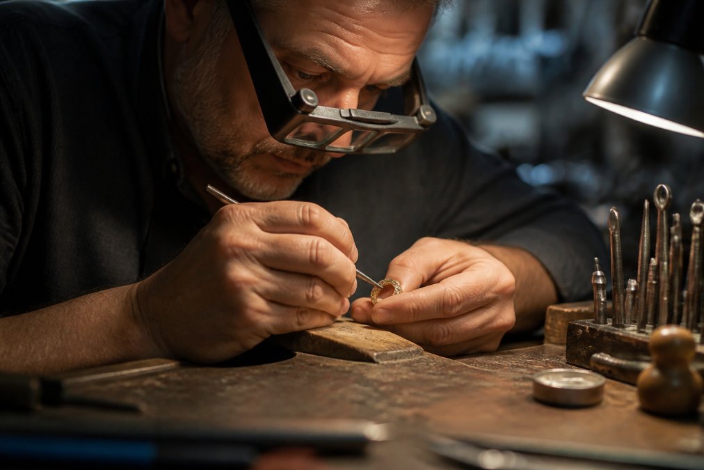 Professional jeweler's hands working with precision tools on a delicate gold ring, magnifying glass in place, workshop with soft task lighting