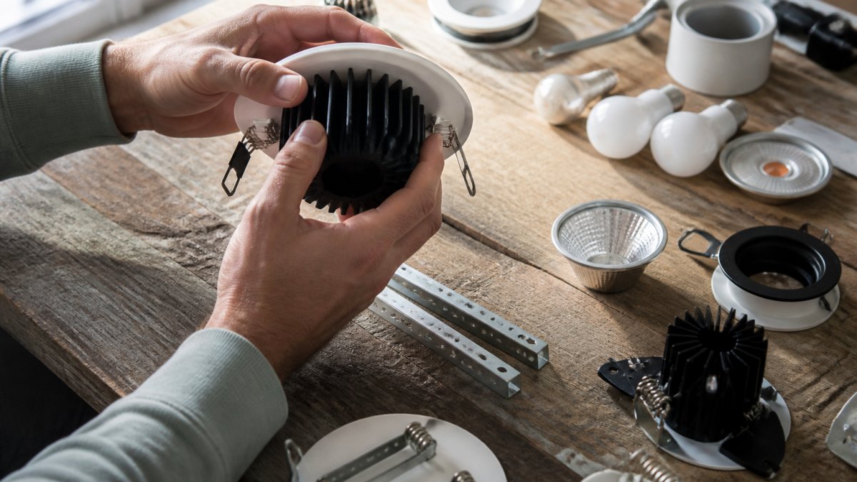 Close-up of hands examining a premium light fixture, inspecting materials, thermal management components, and construction details under bright natural light
