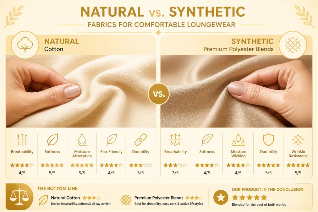 Close-up of hands touching and comparing soft fabric textures, showing natural cotton and premium polyester blends side by side in natural lighting