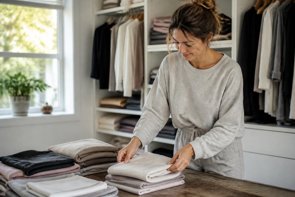Woman carefully folding premium loungewear pieces in a bright, organized closet space with natural sunlight