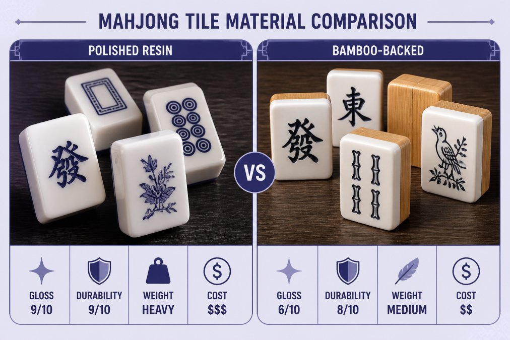 Close-up of several mahjong tiles arranged on a dark wooden surface, showing detailed engraving and contrasting material textures including a polished resin set and a bamboo-backed set placed side by side under warm directional lighting