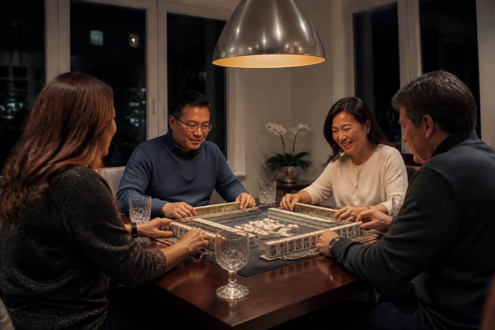 Four adults seated around a polished dining table playing mahjong with an elegant tile set, crystal glasses and a low-lit pendant lamp creating a warm, sophisticated game night atmosphere