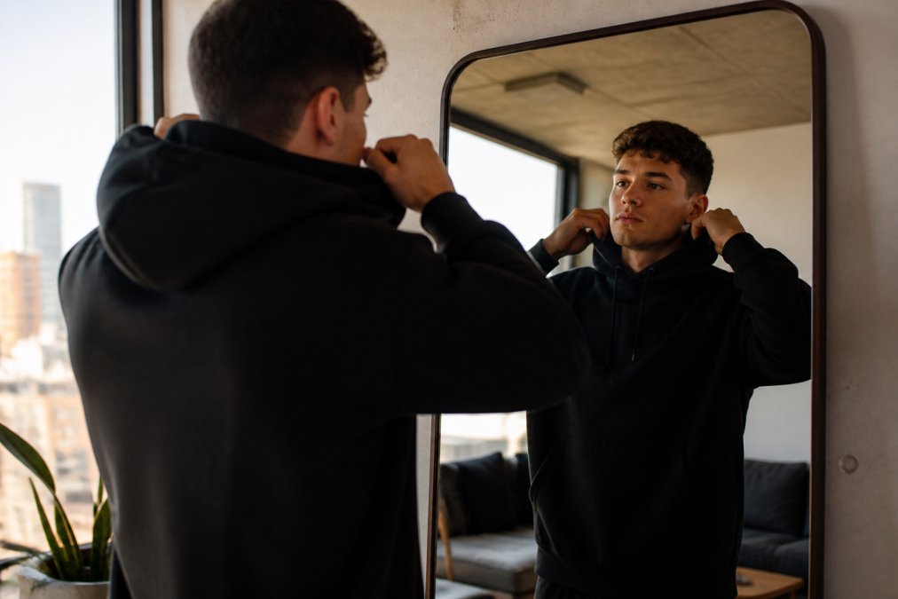 A young professional in a black hoodie standing before a mirror in a sunlit apartment, adjusting the hood and looking determined before heading out