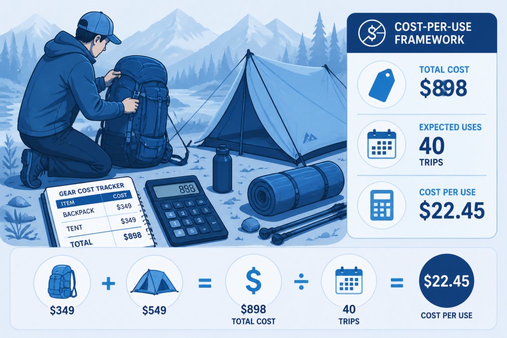 Hiker examining a backpack and tent spread out on the ground before a backcountry trip, with a notebook and calculator nearby showing gear cost tracking