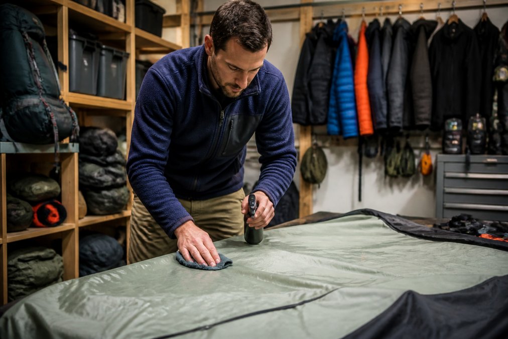 Hands cleaning and maintaining outdoor gear, wiping down a tent, treating fabric, and organizing equipment in a well-lit workspace
