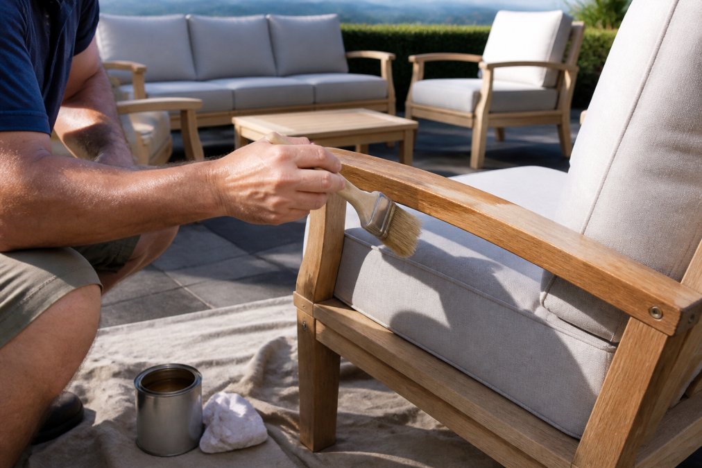 Hands applying protective wood sealant with a brush to teak outdoor furniture frame in natural sunlight on a backyard patio