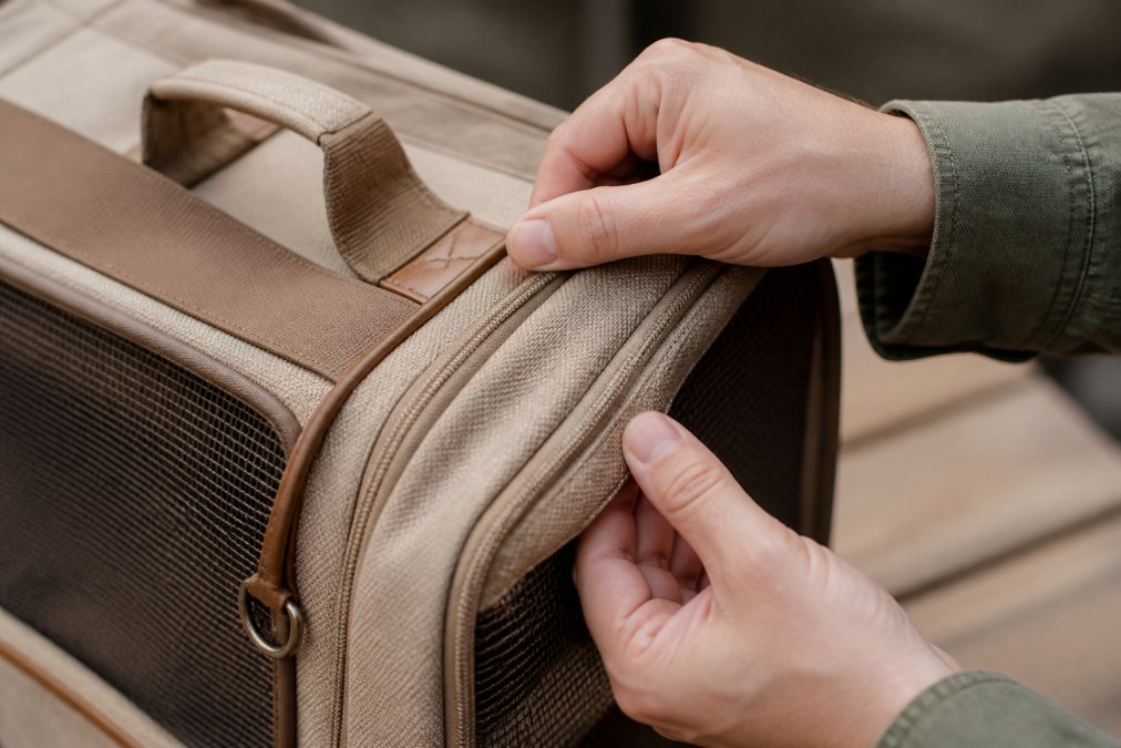 Close-up of hands inspecting a pet carrier's seams, handles and material quality in natural light, examining the construction details