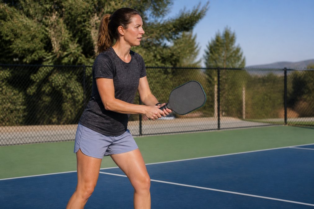 Beginner pickleball player practicing on an outdoor court with natural daylight, holding a mid-range paddle with relaxed stance and focused expression