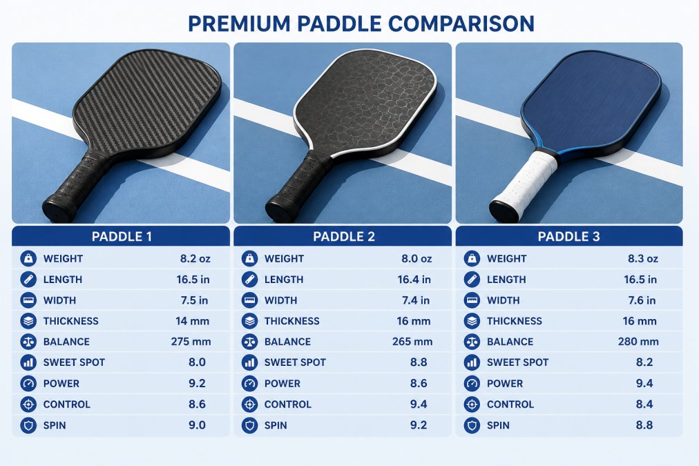 Three high-end pickleball paddles laid side by side on a court surface, showing distinct face textures, edge designs, and color variations in natural daylight