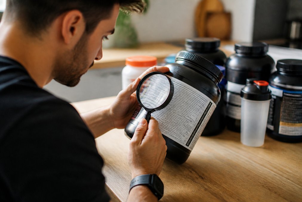 Close-up of a person reading a protein powder label carefully, examining ingredient list with magnifying glass on kitchen counter with various protein containers in background