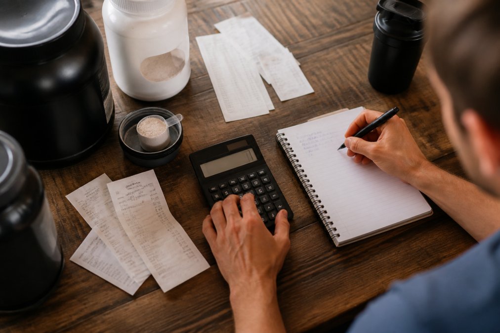Overhead shot of someone using a calculator and notepad to track supplement costs and pricing, with protein powder containers and receipts visible on desk