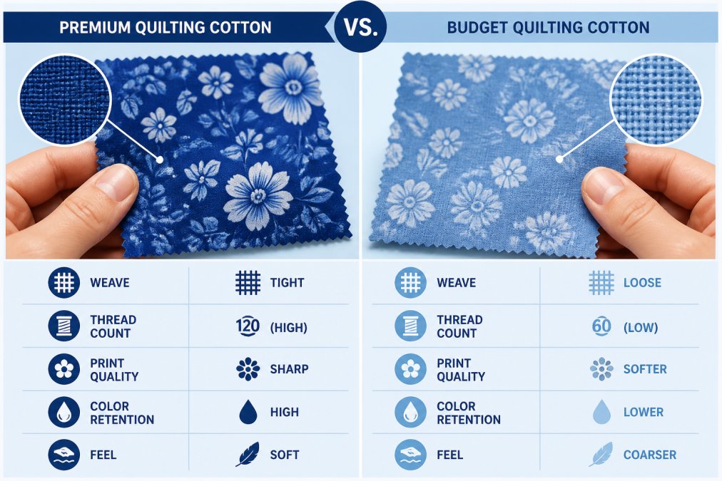 Close-up of hands holding two fabric swatches side by side, one premium and one budget quilting cotton, showing weave texture and print detail under natural light