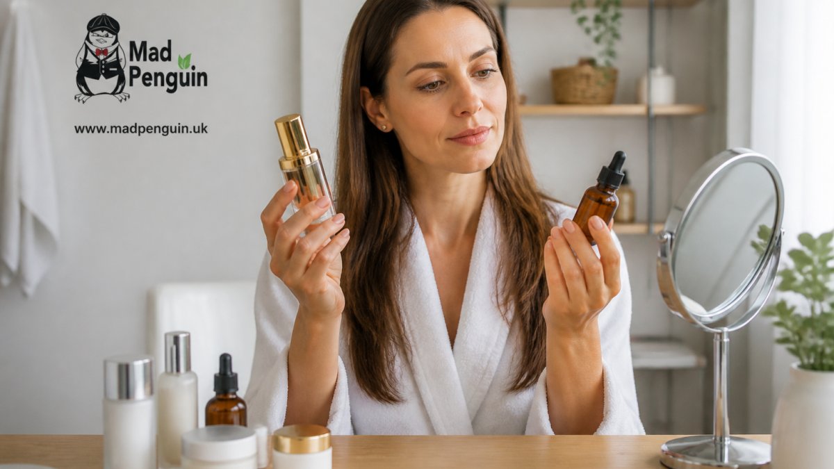 Comparison diagram contrasting ingredients and costs between luxury and affordable skincare bottles