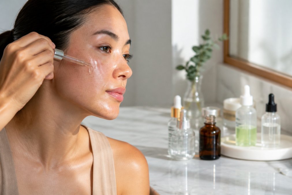 Woman applying serum to her face with visible skin texture and hydration, skincare products arranged on a marble surface nearby with natural lighting