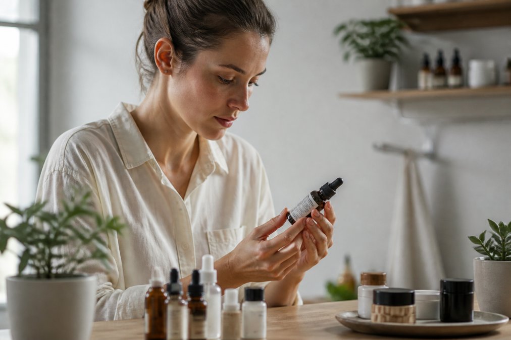 Woman carefully reading skincare product label, examining ingredients and instructions with natural lighting and focused attention