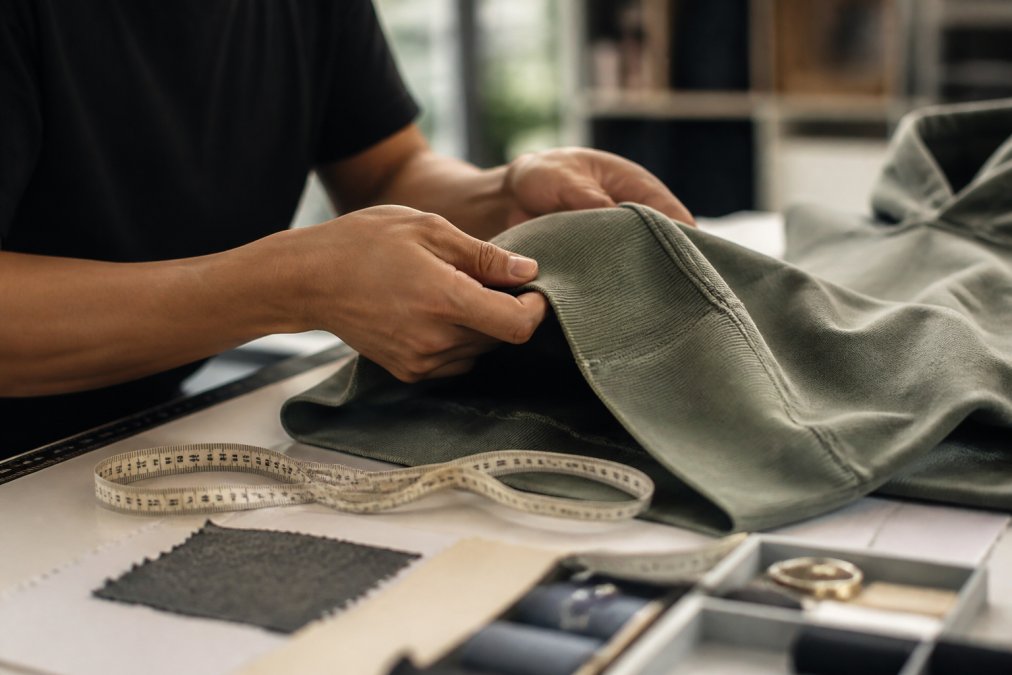 Hands examining the fabric weight and stitching of an expensive streetwear hoodie in a studio
