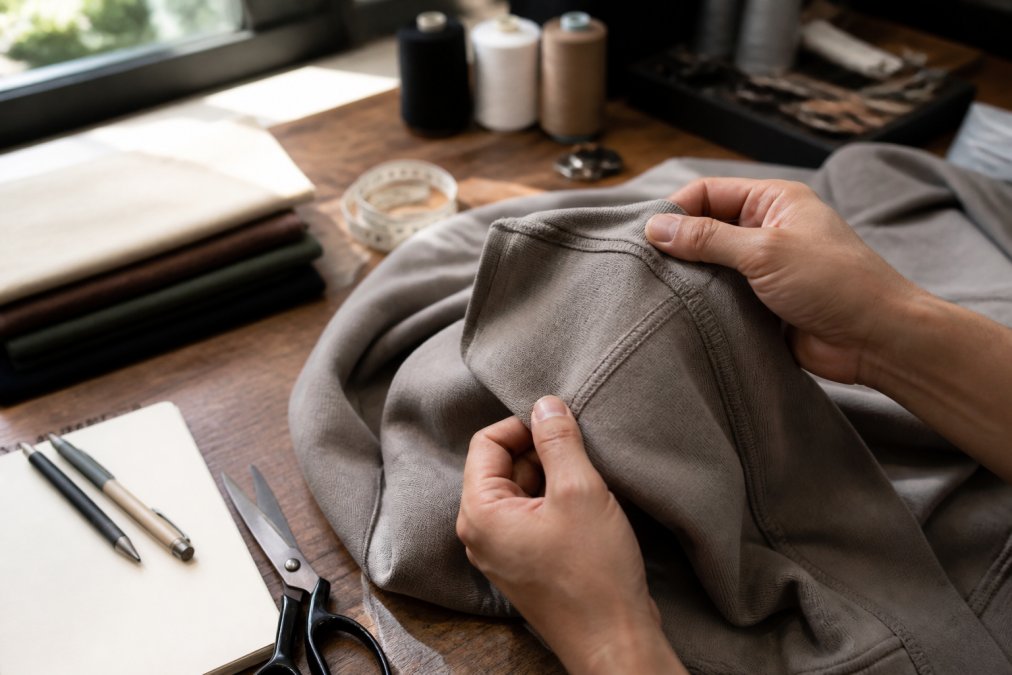 Close-up of hands carefully examining a premium hoodie's double stitching and seam construction under bright natural window light, with fabric texture clearly visible