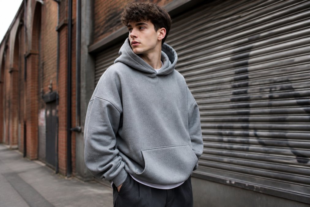 Young man wearing an oversized grey Cali Studios hoodie in an urban street setting, demonstrating the dropped shoulder silhouette and boxy fit, with natural daylight highlighting the fabric texture and garment drape on his body