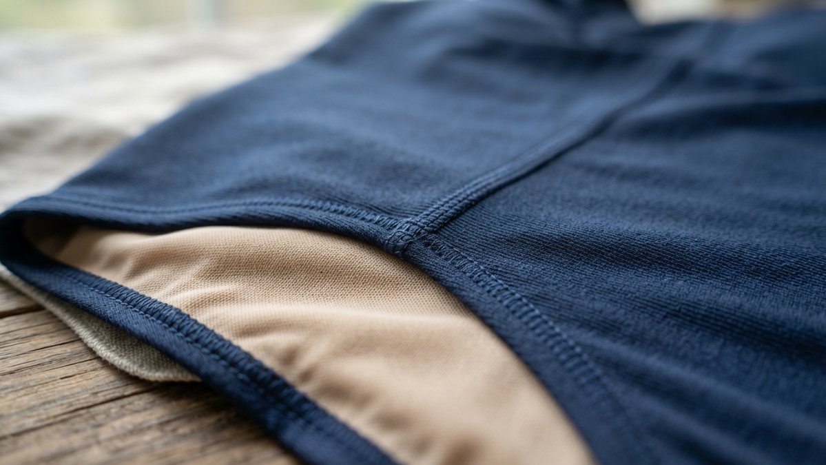Close-up of swimsuit fabric showing detailed stitching, seams, and reinforced lining with natural studio lighting highlighting construction quality