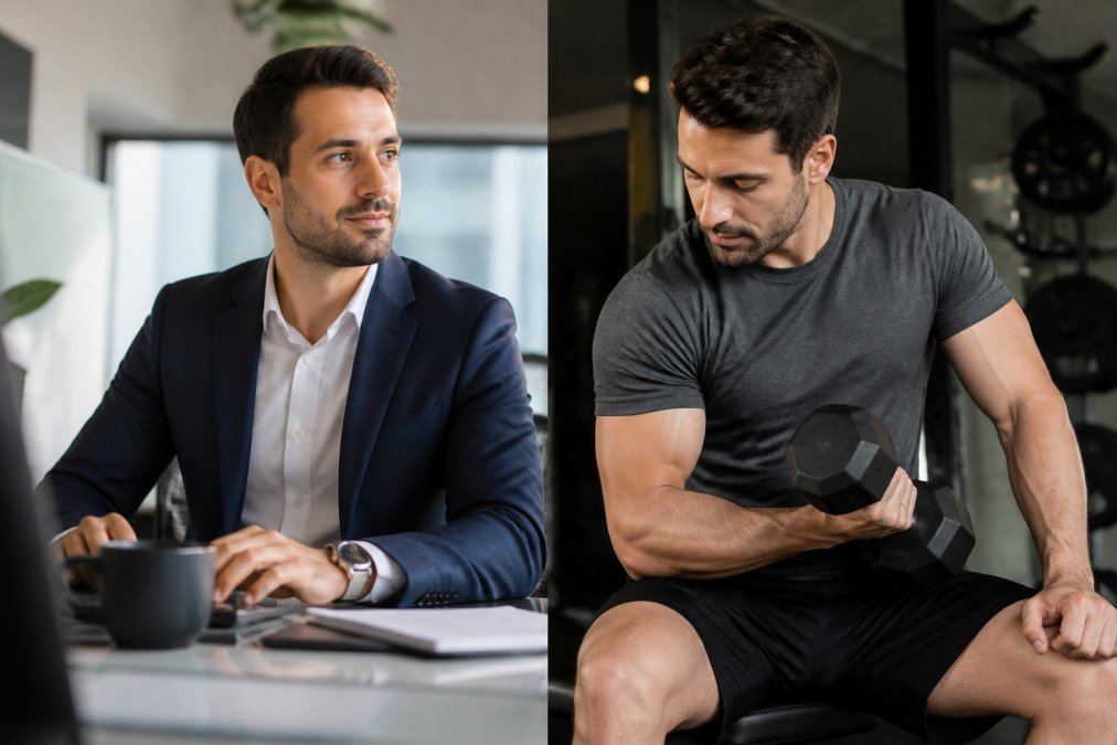 Professional man in business attire sitting confidently at desk during workday, then transitioning to active gym clothes in evening, showing sustained comfort and support throughout different activities