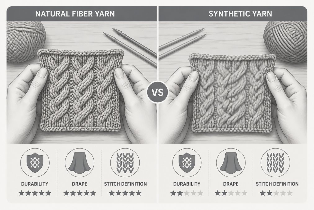 Close-up of hands holding two knitted swatches side by side, one showing crisp cable stitch definition in natural wool, the other showing blurred stitches in synthetic yarn, on a wooden table with knitting needles nearby