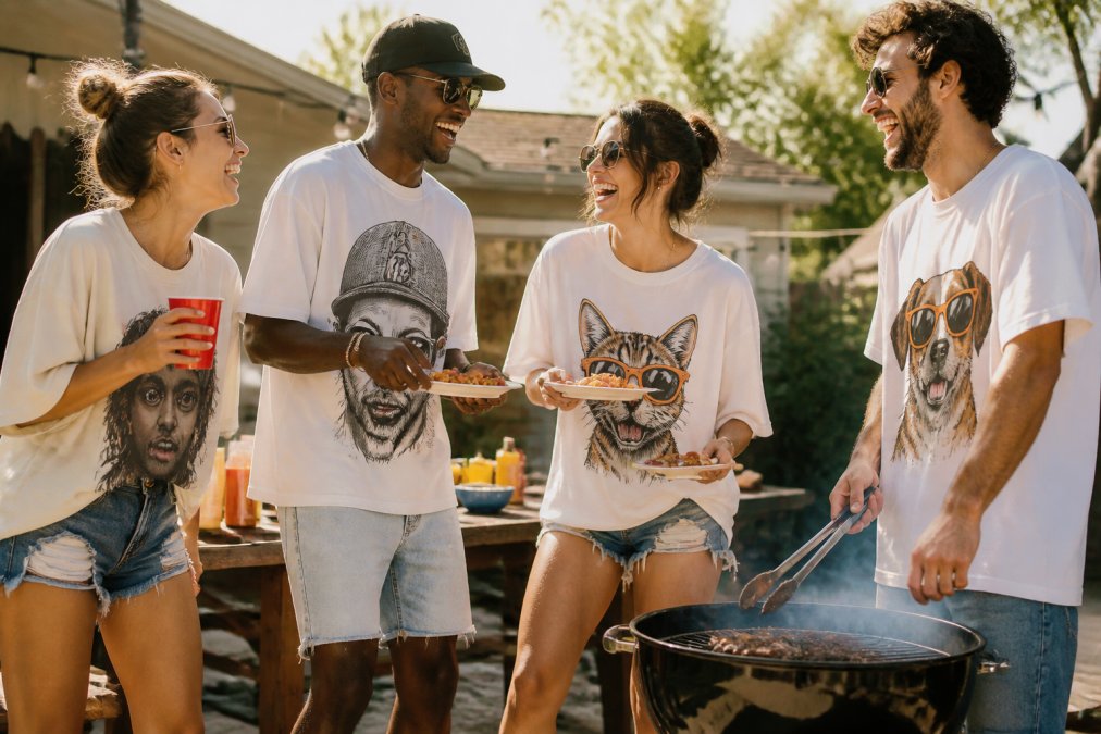 A group of friends in their twenties wearing funny graphic tees and denim shorts, laughing at a backyard barbecue on a sunny weekend afternoon