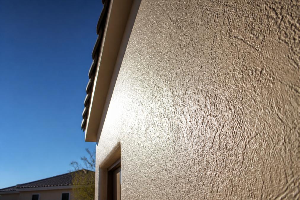 Close-up of freshly painted stucco wall glistening in bright desert sunlight, showing texture detail and vibrant color with clear blue sky in background